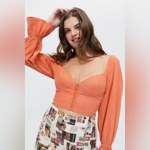 Urban Outfitters UO Jayden Hook Eye Crop Orange Puff Sleeves Blouse - S Small